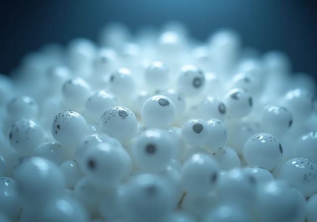 Kiln-bead β ceramic microspheres under a microscope